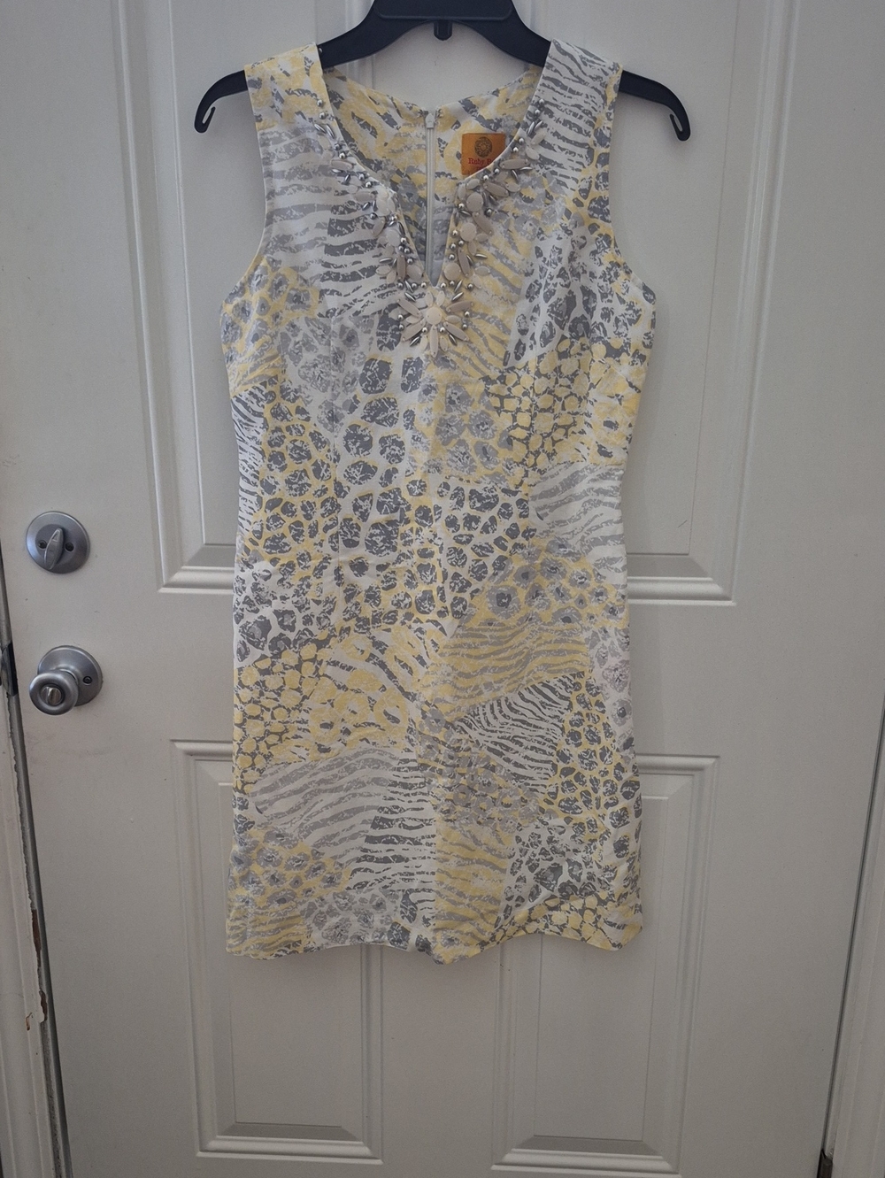 Ruby Rd. Yellow and Gray Beaded V-Neck Sleeveless Shift Dress